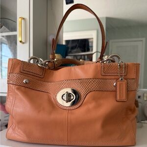 Coach Peach-Tan Leather Tote with Silver Turn-Lock